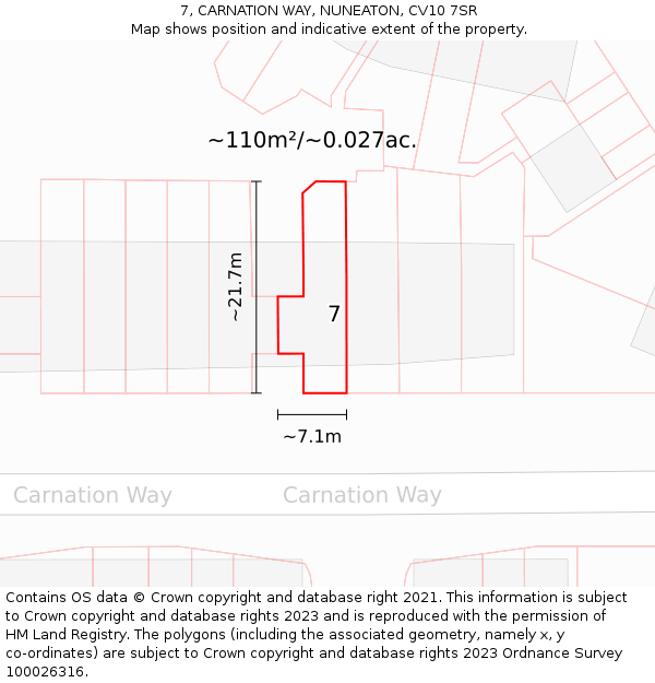 7, CARNATION WAY, NUNEATON, CV10 7SR: Plot and title map