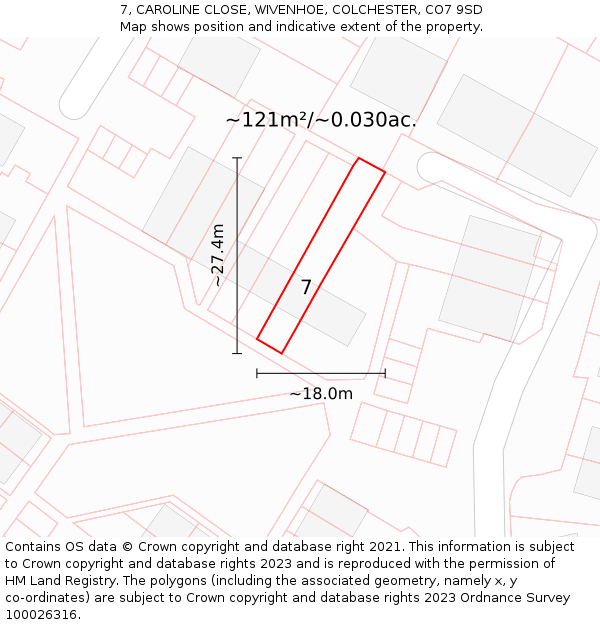 7, CAROLINE CLOSE, WIVENHOE, COLCHESTER, CO7 9SD: Plot and title map
