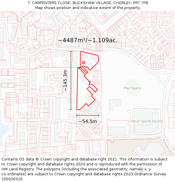 7, CARPENTERS CLOSE, BUCKSHAW VILLAGE, CHORLEY, PR7 7FB: Plot and title map