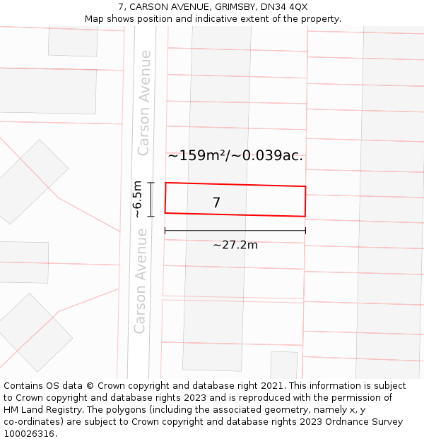 7, CARSON AVENUE, GRIMSBY, DN34 4QX: Plot and title map