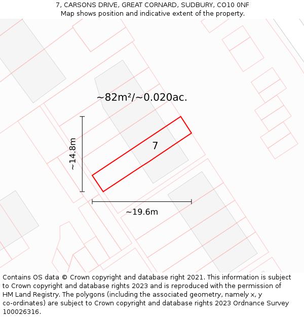 7, CARSONS DRIVE, GREAT CORNARD, SUDBURY, CO10 0NF: Plot and title map