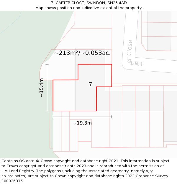 7, CARTER CLOSE, SWINDON, SN25 4AD: Plot and title map