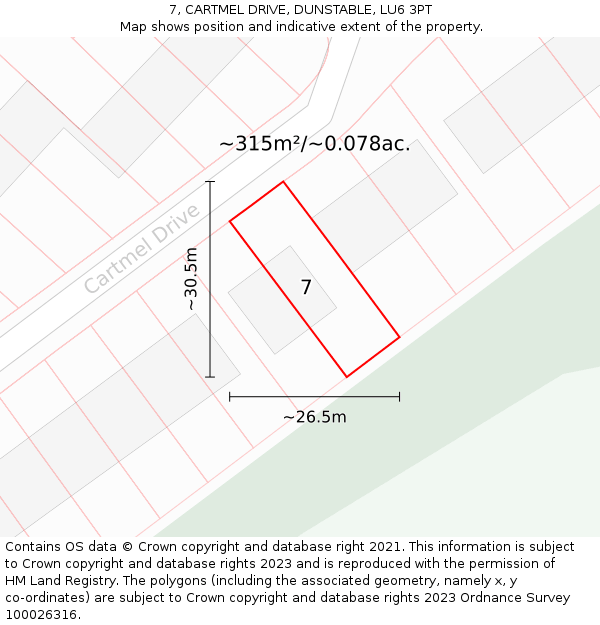 7, CARTMEL DRIVE, DUNSTABLE, LU6 3PT: Plot and title map