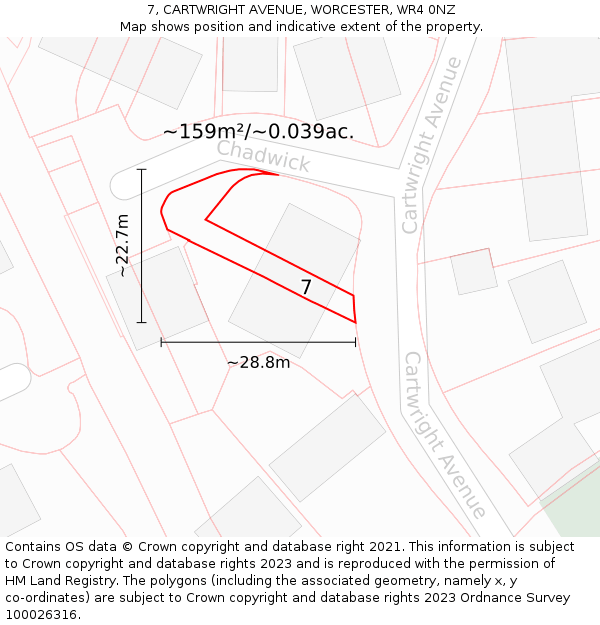 7, CARTWRIGHT AVENUE, WORCESTER, WR4 0NZ: Plot and title map