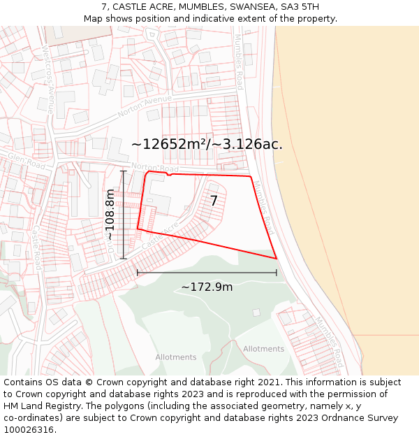 7, CASTLE ACRE, MUMBLES, SWANSEA, SA3 5TH: Plot and title map
