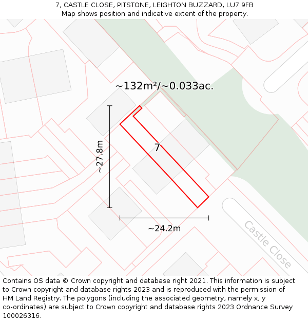 7, CASTLE CLOSE, PITSTONE, LEIGHTON BUZZARD, LU7 9FB: Plot and title map