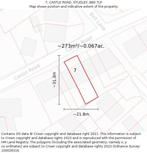 7, CASTLE ROAD, STUDLEY, B80 7LP: Plot and title map