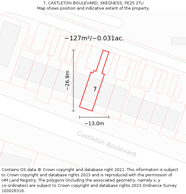 7, CASTLETON BOULEVARD, SKEGNESS, PE25 2TU: Plot and title map