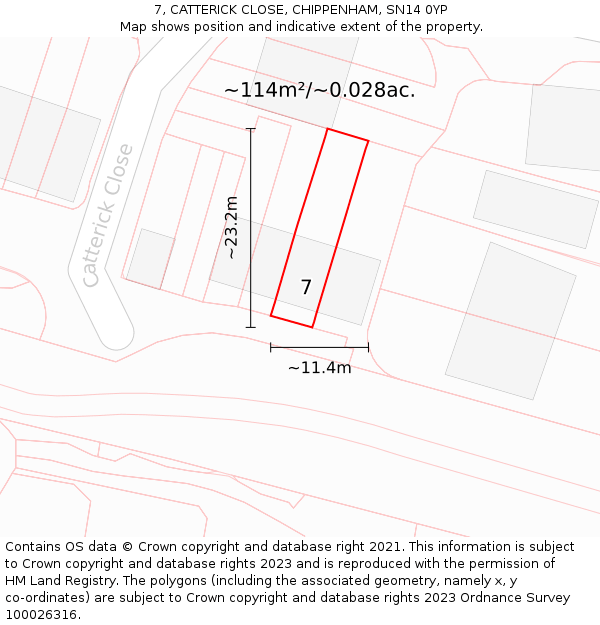 7, CATTERICK CLOSE, CHIPPENHAM, SN14 0YP: Plot and title map