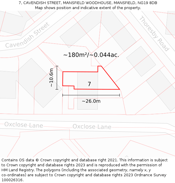 7, CAVENDISH STREET, MANSFIELD WOODHOUSE, MANSFIELD, NG19 8DB: Plot and title map