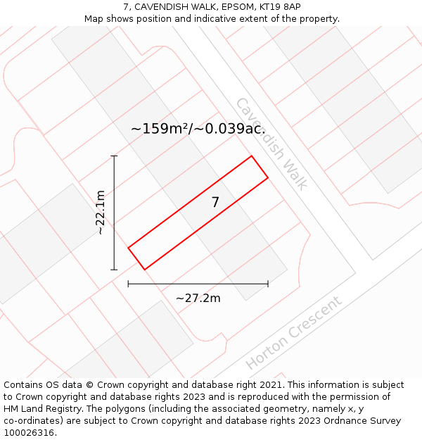 7, CAVENDISH WALK, EPSOM, KT19 8AP: Plot and title map