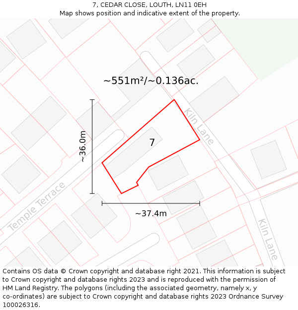 7, CEDAR CLOSE, LOUTH, LN11 0EH: Plot and title map