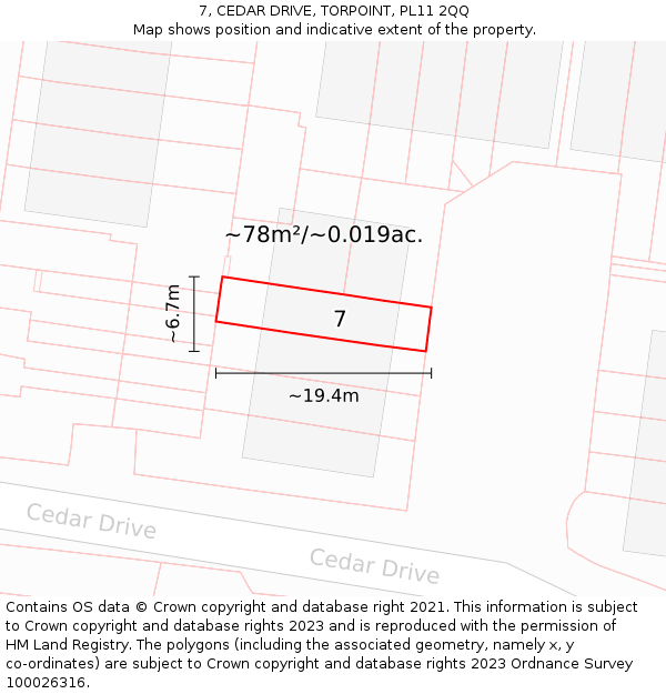 7, CEDAR DRIVE, TORPOINT, PL11 2QQ: Plot and title map