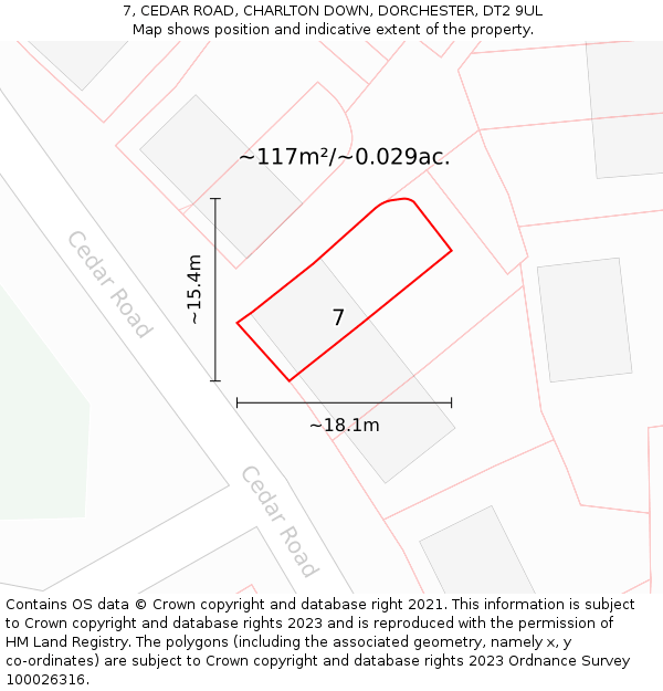 7, CEDAR ROAD, CHARLTON DOWN, DORCHESTER, DT2 9UL: Plot and title map