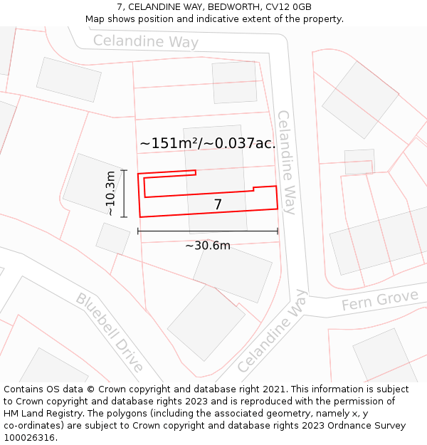 7, CELANDINE WAY, BEDWORTH, CV12 0GB: Plot and title map