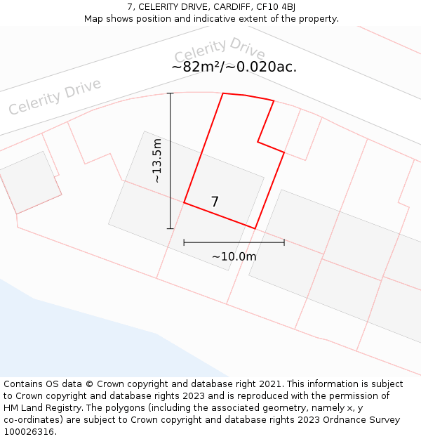 7, CELERITY DRIVE, CARDIFF, CF10 4BJ: Plot and title map