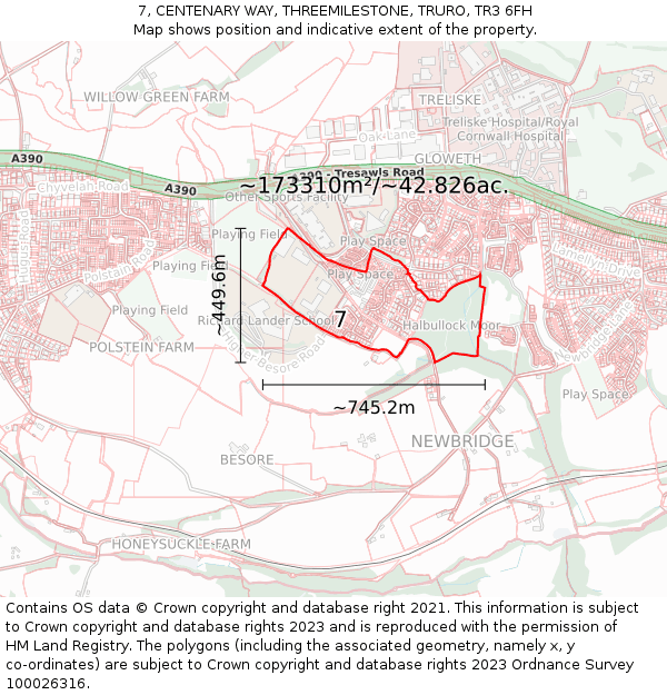 7, CENTENARY WAY, THREEMILESTONE, TRURO, TR3 6FH: Plot and title map