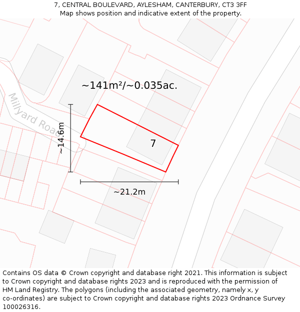 7, CENTRAL BOULEVARD, AYLESHAM, CANTERBURY, CT3 3FF: Plot and title map