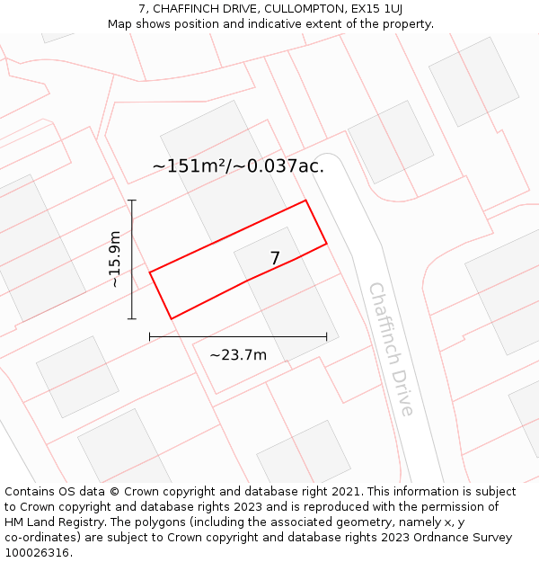 7, CHAFFINCH DRIVE, CULLOMPTON, EX15 1UJ: Plot and title map