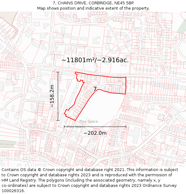 7, CHAINS DRIVE, CORBRIDGE, NE45 5BP: Plot and title map