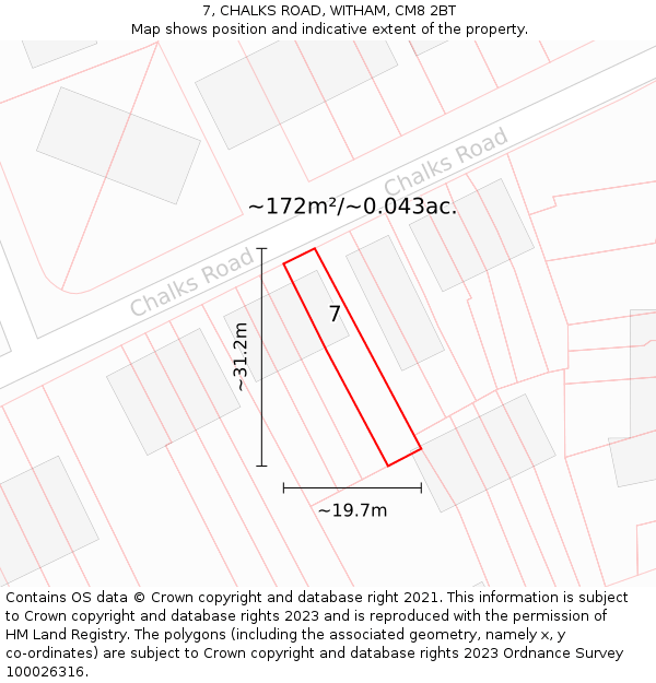 7, CHALKS ROAD, WITHAM, CM8 2BT: Plot and title map
