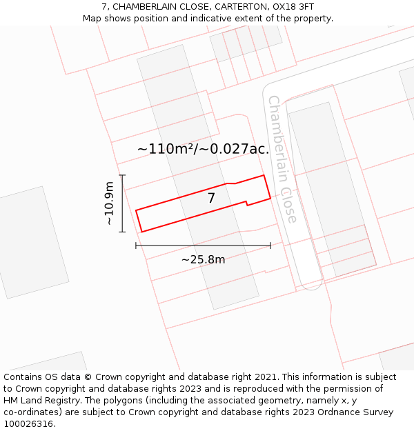 7, CHAMBERLAIN CLOSE, CARTERTON, OX18 3FT: Plot and title map