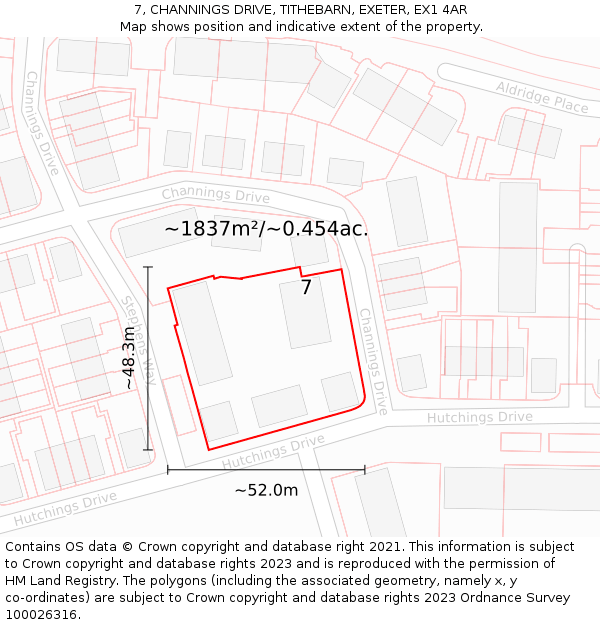 7, CHANNINGS DRIVE, TITHEBARN, EXETER, EX1 4AR: Plot and title map