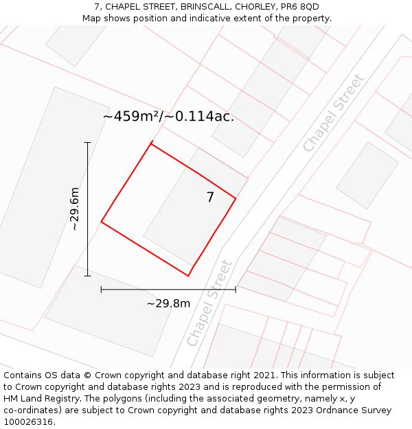7, CHAPEL STREET, BRINSCALL, CHORLEY, PR6 8QD: Plot and title map