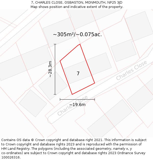 7, CHARLES CLOSE, OSBASTON, MONMOUTH, NP25 3JD: Plot and title map