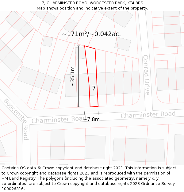 7, CHARMINSTER ROAD, WORCESTER PARK, KT4 8PS: Plot and title map