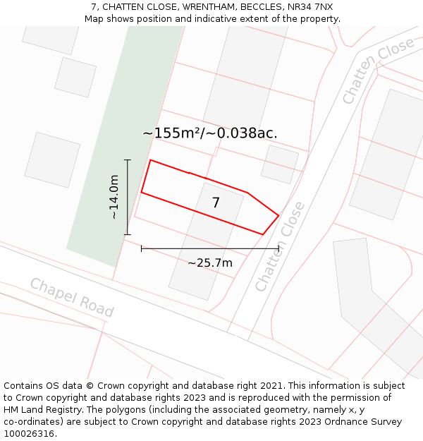 7, CHATTEN CLOSE, WRENTHAM, BECCLES, NR34 7NX: Plot and title map