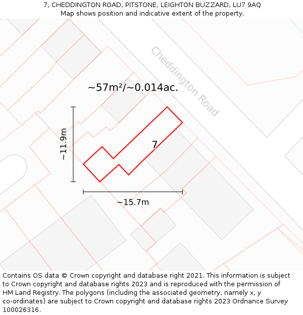 7, CHEDDINGTON ROAD, PITSTONE, LEIGHTON BUZZARD, LU7 9AQ: Plot and title map