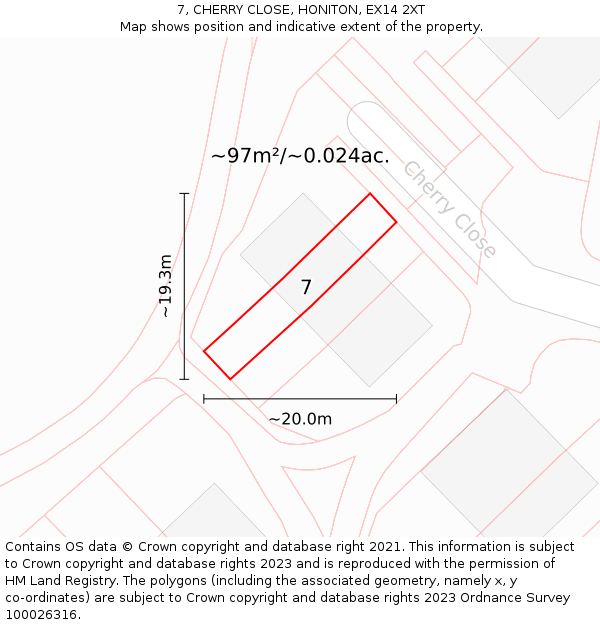 7, CHERRY CLOSE, HONITON, EX14 2XT: Plot and title map