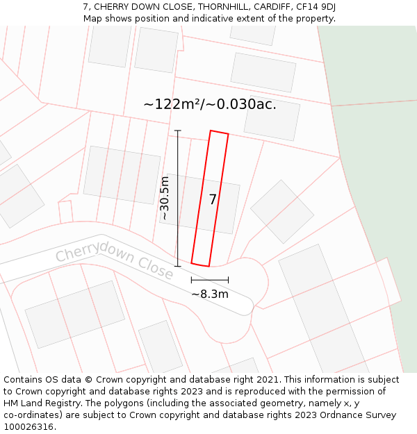 7, CHERRY DOWN CLOSE, THORNHILL, CARDIFF, CF14 9DJ: Plot and title map