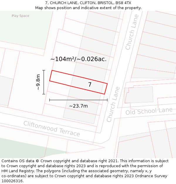 7, CHURCH LANE, CLIFTON, BRISTOL, BS8 4TX: Plot and title map