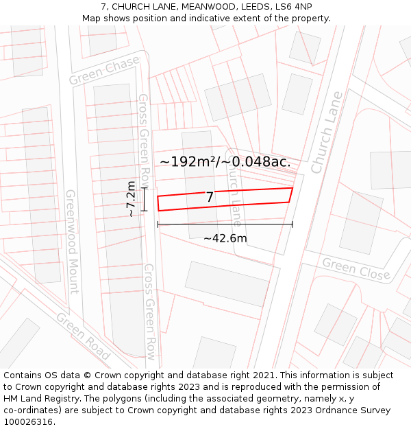 7, CHURCH LANE, MEANWOOD, LEEDS, LS6 4NP: Plot and title map