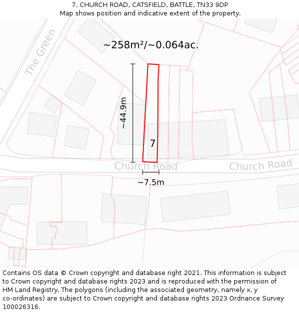 7, CHURCH ROAD, CATSFIELD, BATTLE, TN33 9DP: Plot and title map