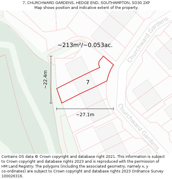 7, CHURCHWARD GARDENS, HEDGE END, SOUTHAMPTON, SO30 2XP: Plot and title map