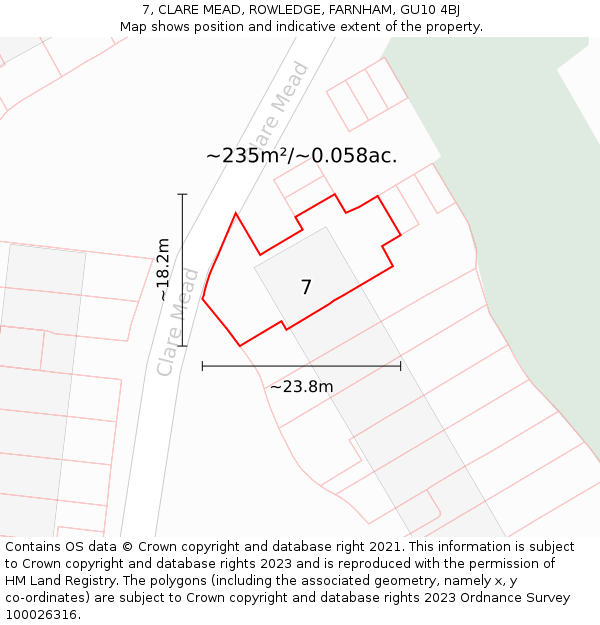 7, CLARE MEAD, ROWLEDGE, FARNHAM, GU10 4BJ: Plot and title map