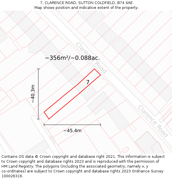 7, CLARENCE ROAD, SUTTON COLDFIELD, B74 4AE: Plot and title map