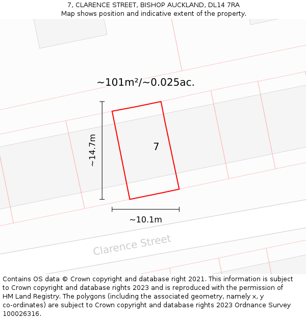 7, CLARENCE STREET, BISHOP AUCKLAND, DL14 7RA: Plot and title map