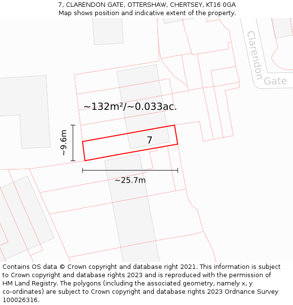 7, CLARENDON GATE, OTTERSHAW, CHERTSEY, KT16 0GA: Plot and title map