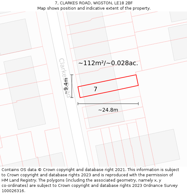 7, CLARKES ROAD, WIGSTON, LE18 2BF: Plot and title map