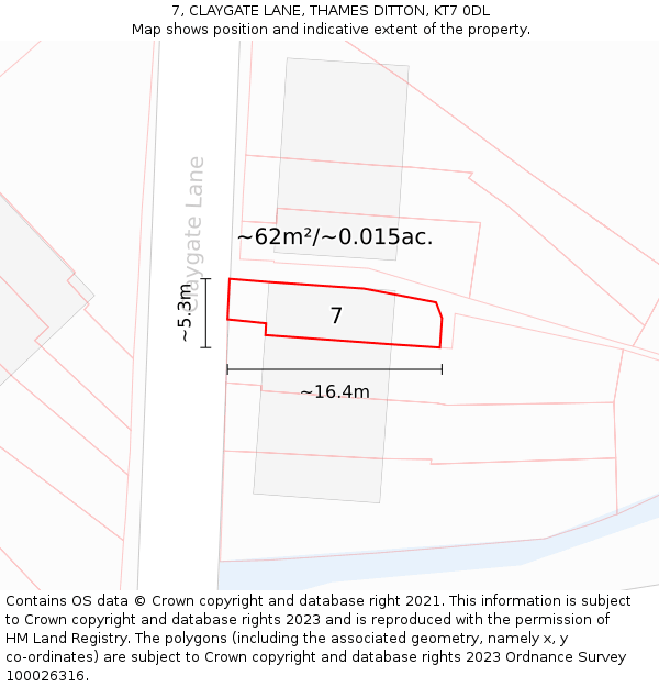 7, CLAYGATE LANE, THAMES DITTON, KT7 0DL: Plot and title map