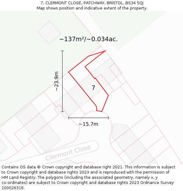 7, CLERMONT CLOSE, PATCHWAY, BRISTOL, BS34 5QJ: Plot and title map