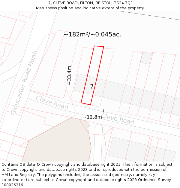 7, CLEVE ROAD, FILTON, BRISTOL, BS34 7QF: Plot and title map