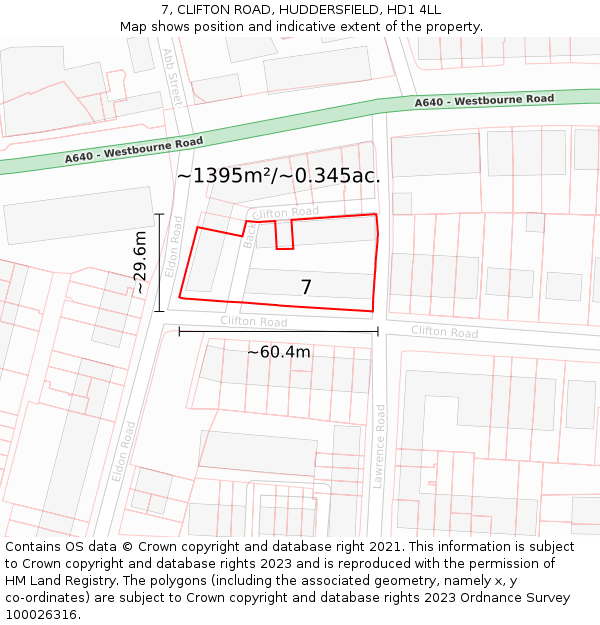 7, CLIFTON ROAD, HUDDERSFIELD, HD1 4LL: Plot and title map