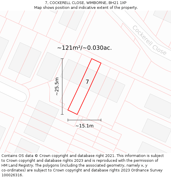 7, COCKERELL CLOSE, WIMBORNE, BH21 1XP: Plot and title map