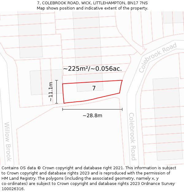 7, COLEBROOK ROAD, WICK, LITTLEHAMPTON, BN17 7NS: Plot and title map