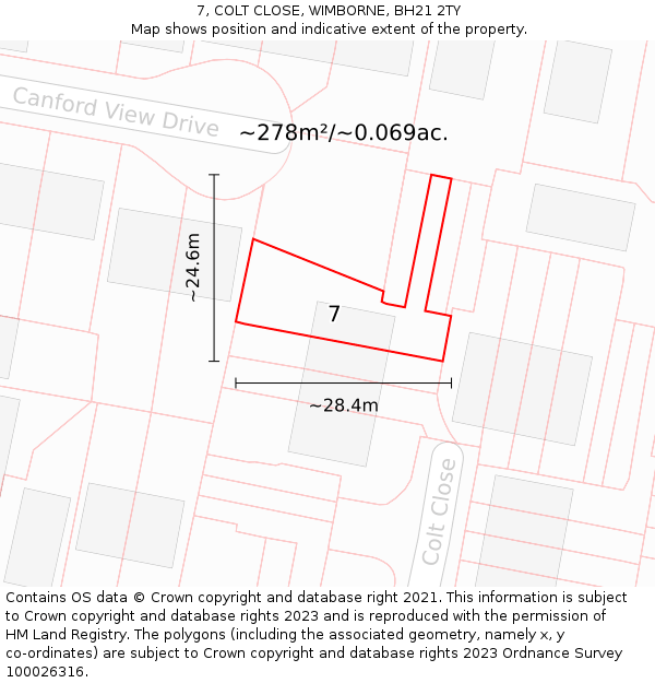 7, COLT CLOSE, WIMBORNE, BH21 2TY: Plot and title map